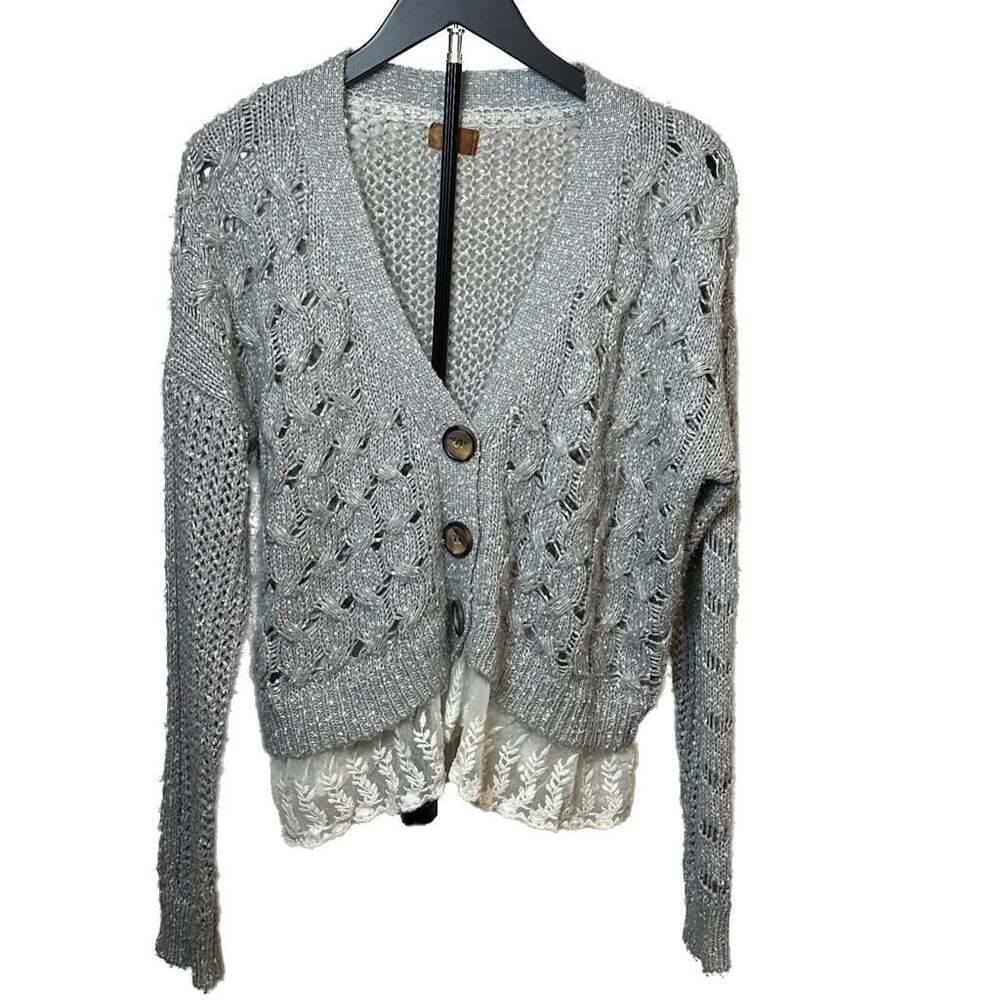 POL Clothing Gray Open Knit Pointelle Cropped Cardigan Lace Detail Women’s L